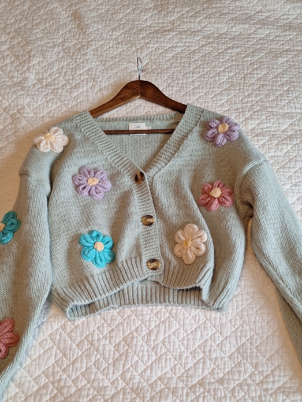 Pastel Mint Cropped Flower Appliqué Cardigan Sweater
